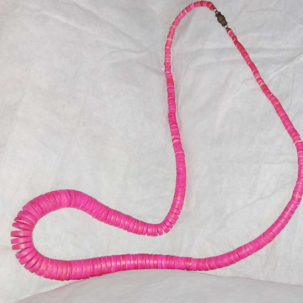Bright Fuchsia Pink Hawaiian Wooden Disk Beaded Necklace Big Chunky Long
